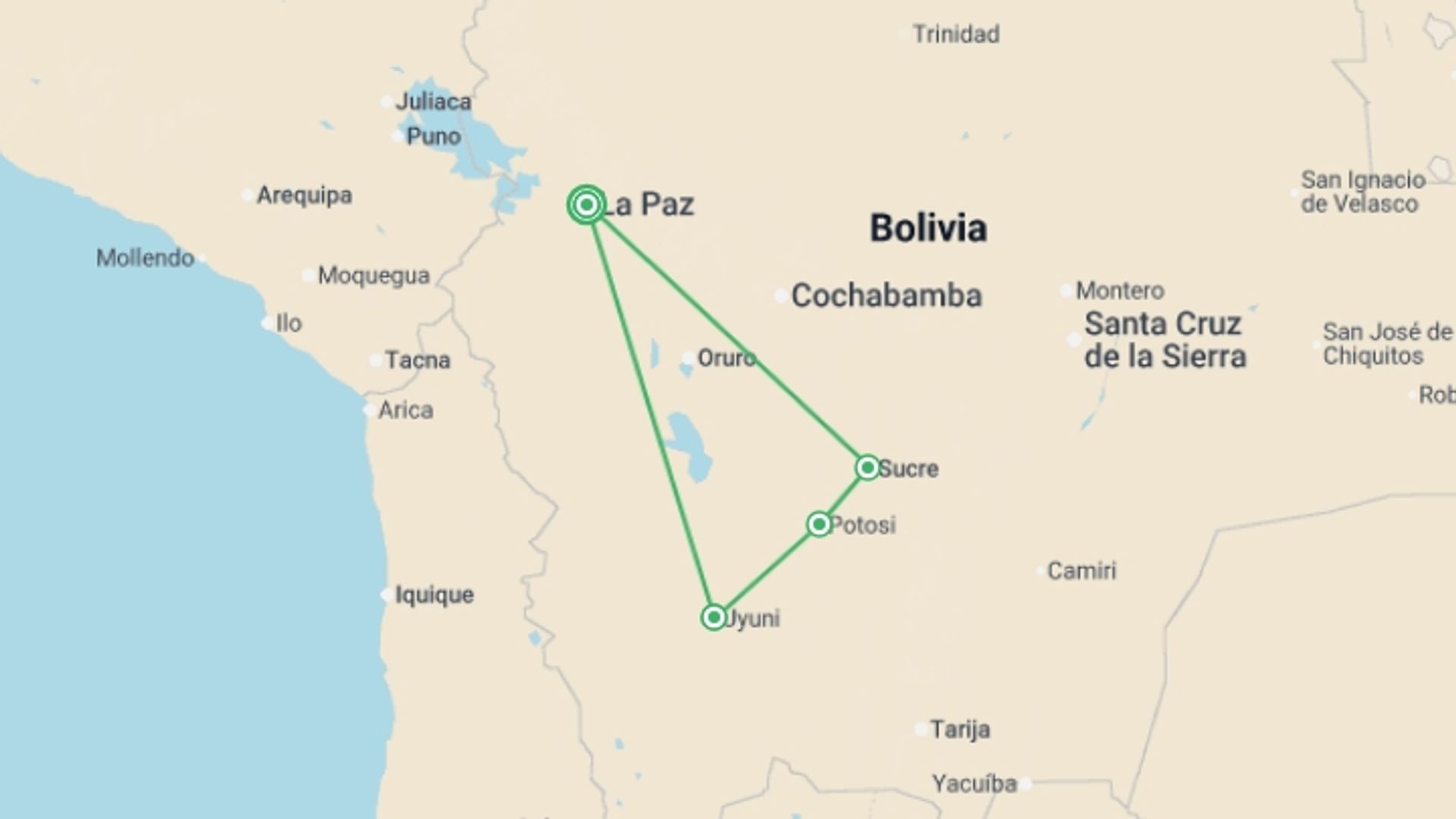 A map showing the tour itinerary for the trip: Bolivia Upgraded, starting in La Paz, Bolivia and ending in La Paz, Bolivia going through 3 other destinations.