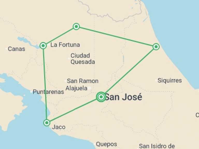 Map of San Jose Rainforest and jungle visits Tour with 5 destination visits for the trip: Costa Rica: A World of Nature featuring Tortuguero National Park, Arenal Volcano & Manuel Antonio National Park