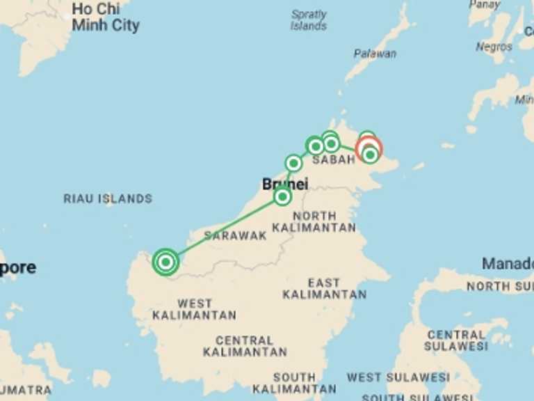 Map of Asia Tour with 12 destination visits for the trip: Best of Borneo