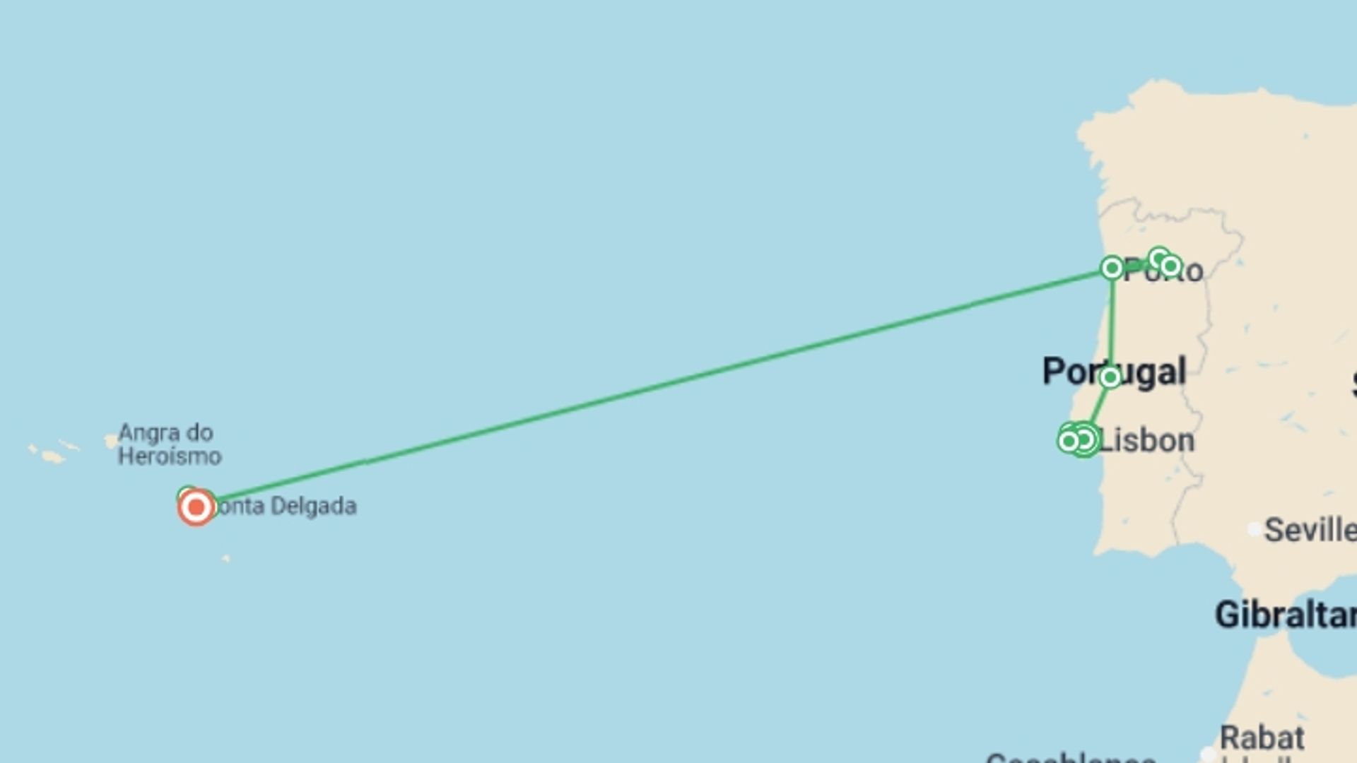 A map showing the tour itinerary for the trip: Wonders of Portugal & the Azores - 11 days, starting in Lisbon, Portugal and ending in Ponta delgada, Portugal going through 1 other destinations.