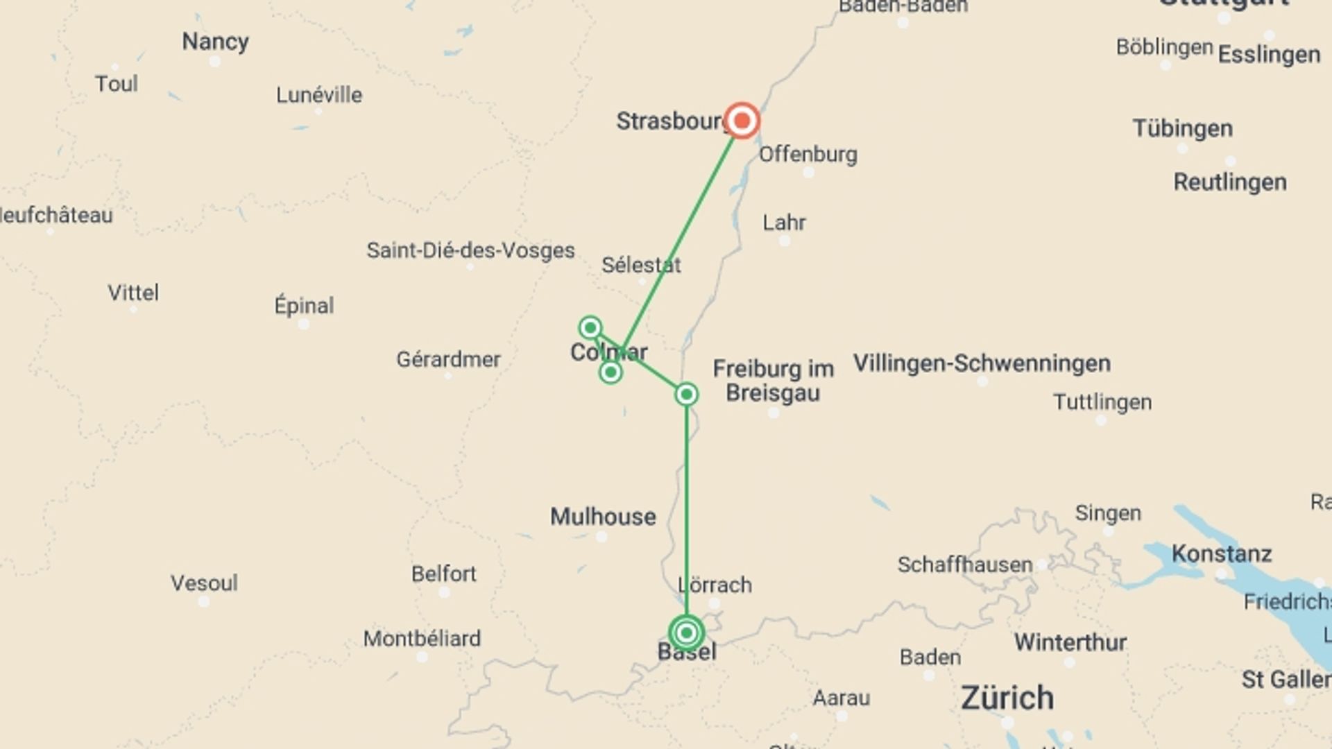 A map showing the tour itinerary for the trip: Magical Christmas extravaganzas in Switzerland and Alsace along the Rhine (port-to-port cruise), starting in Basel, Switzerland and ending in Strasbourg, France going through 2 other destinations.