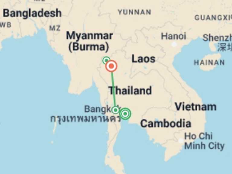 Map itinerary of Thailand Tour in February 2027 with 4 destination visits for the trip: Northern Thai Highlights