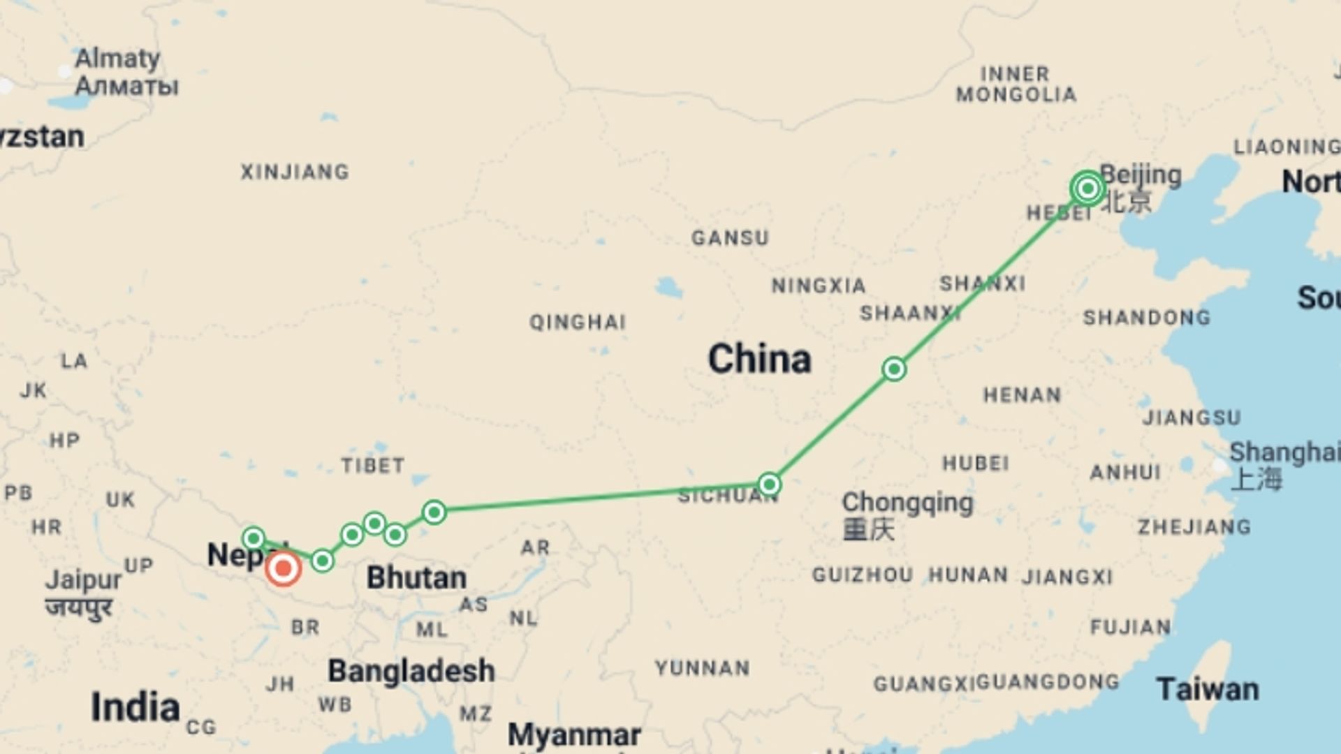 A map showing the tour itinerary for the trip: Best of China & Tibet, starting in Beijing, China and ending in Kathmandu, Nepal going through 6 other destinations.