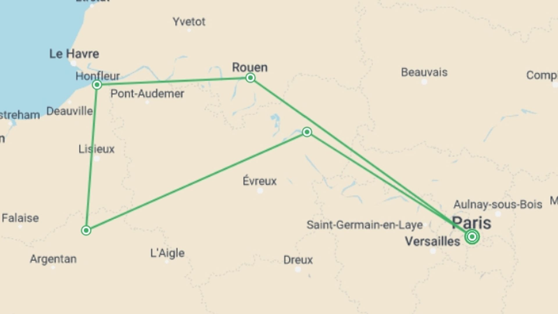 A map showing the tour itinerary for the trip: The finest and most picturesque ports of call in the Seine valley (port-to-port cruise), starting in Paris, France and ending in Paris, France going through 3 other destinations.
