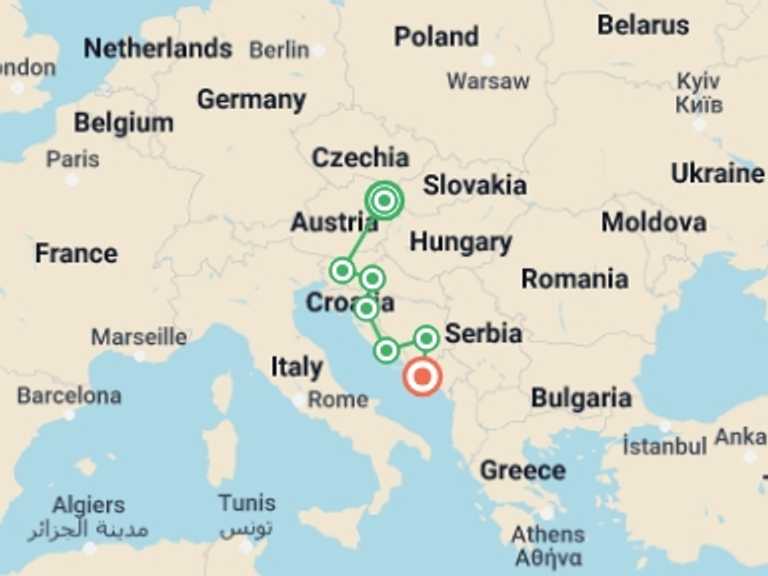 Map of Vienna Cultural, religious and historic sites Tour with 7 destination visits for the trip: Eastern Capitals & the Dalmatian Riviera