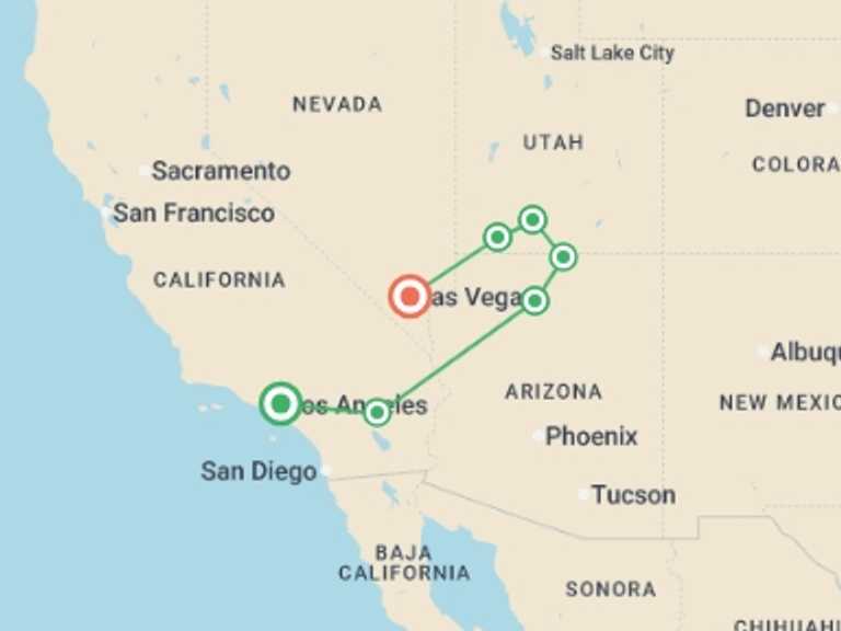 Map itinerary of USA Tour in August 2026 with 7 destination visits for the trip: USA Road Trip — Joshua Tree & the Southwest Parks