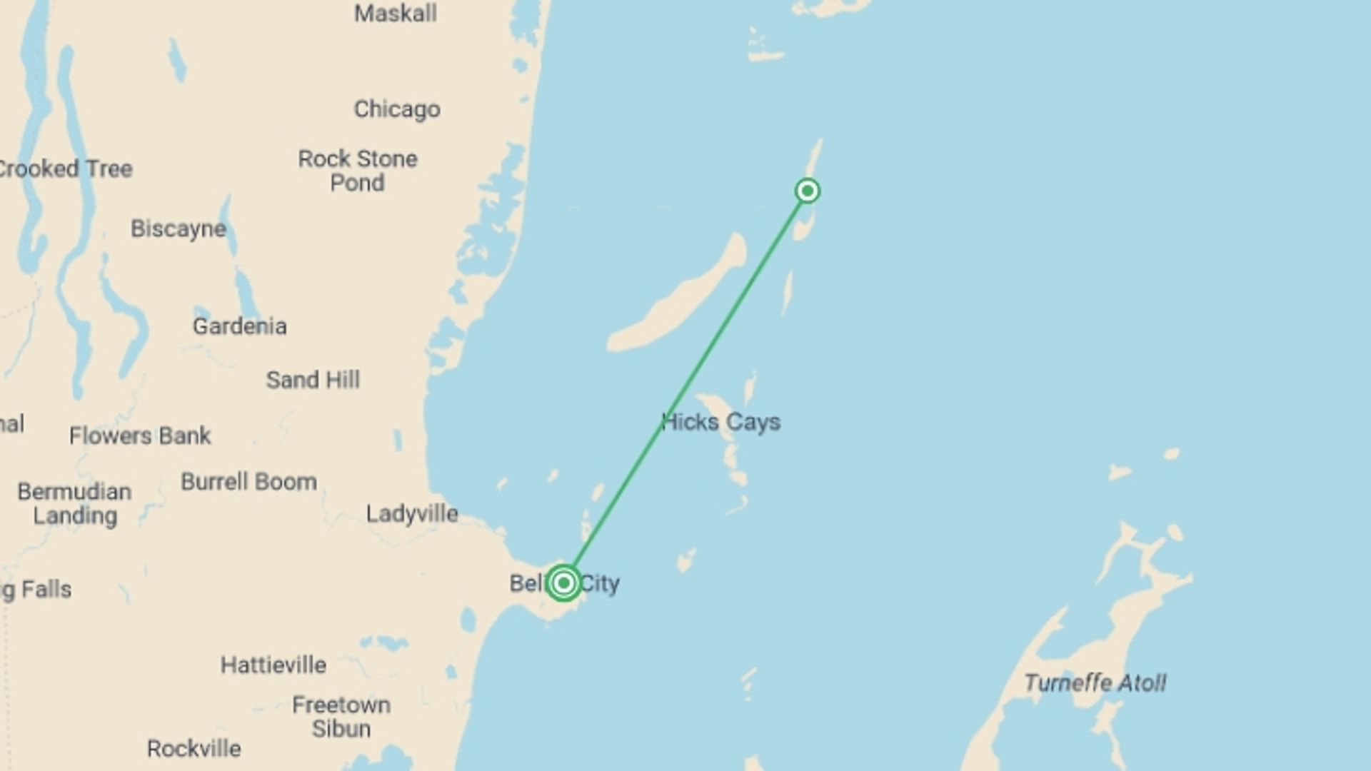 A map showing the tour itinerary for the trip: Caye Caulker Experience 4D/3N, starting in Belize City, Belize and ending in Belize City, Belize going through 1 other destinations.