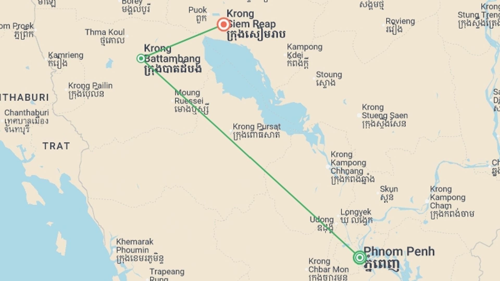 A map showing the tour itinerary for the trip: Highlights of Cambodia, starting in Phnom Penh, Cambodia and ending in Siem Reap, Cambodia going through 1 other destinations.