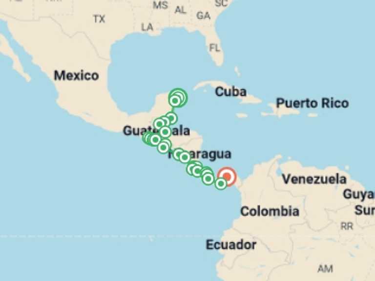 Map of North America Tour with 23 destination visits for the trip: Best of Central America