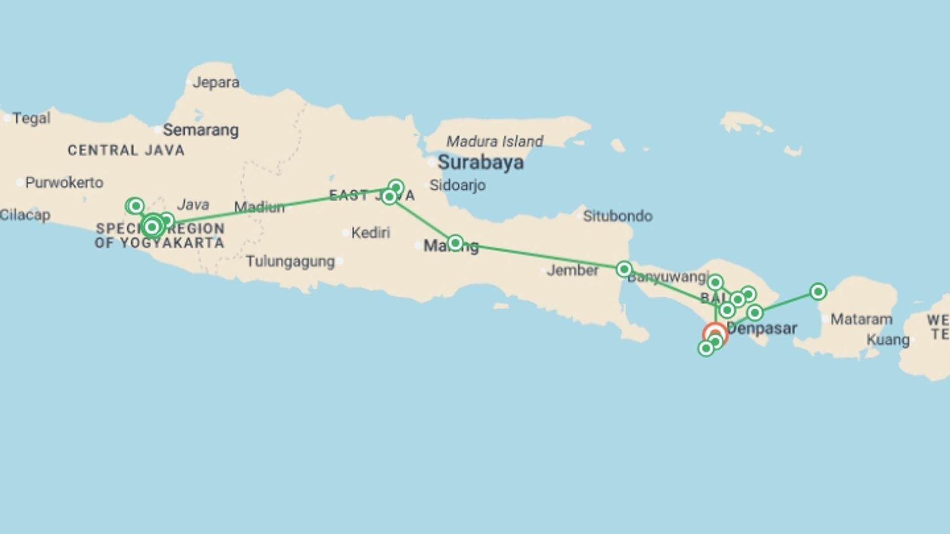 A map showing the tour itinerary for the trip: Essence Of Indonesia, Private Tour, starting in Yogyakarta, Indonesia and ending in Kuta, Indonesia going through 5 other destinations.