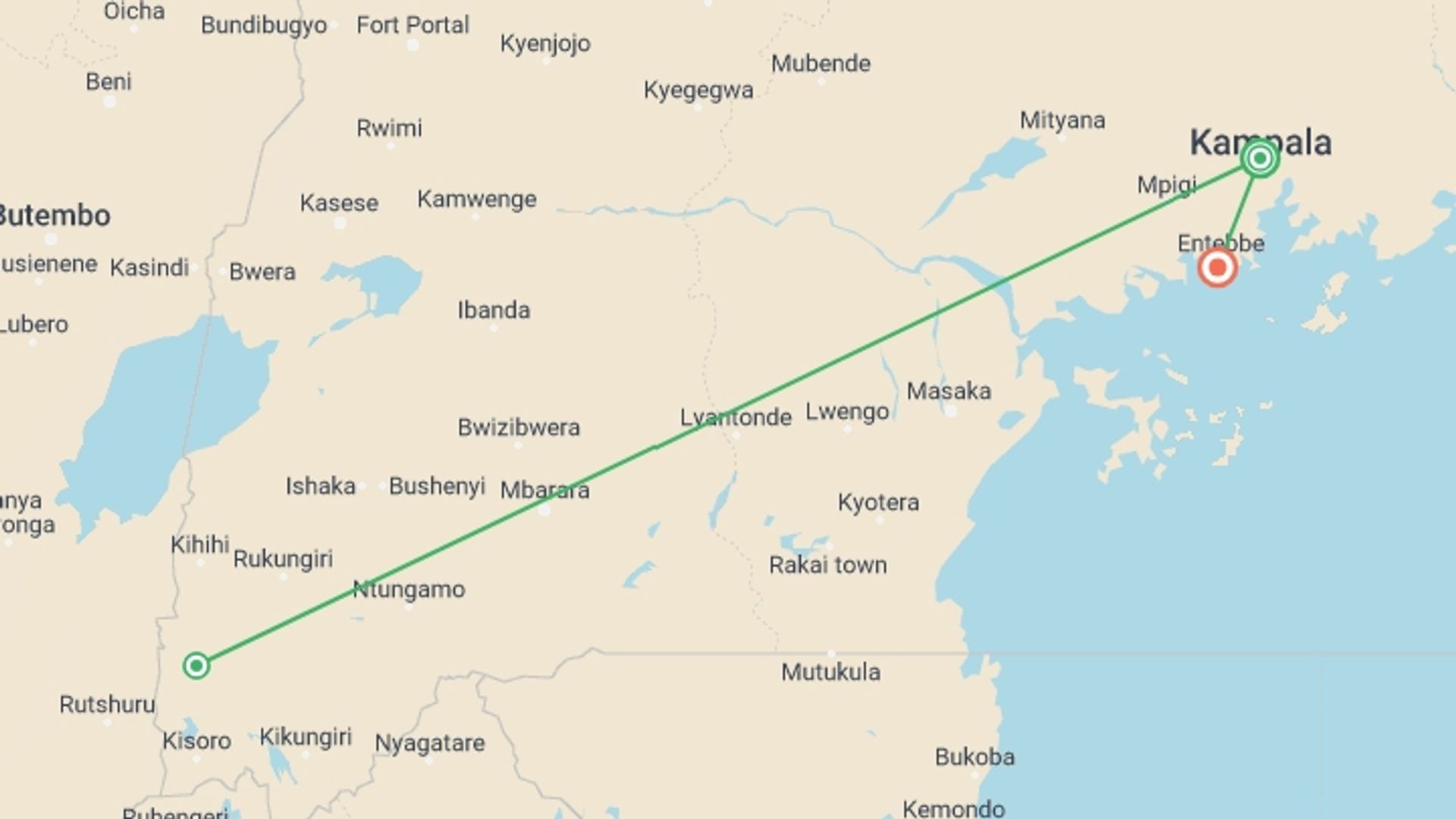 A map showing the tour itinerary for the trip: 3 Days Gorilla Trekking Tour to Bwindi, starting in Kampala, Uganda and ending in Entebbe, Uganda going through 2 other destinations.