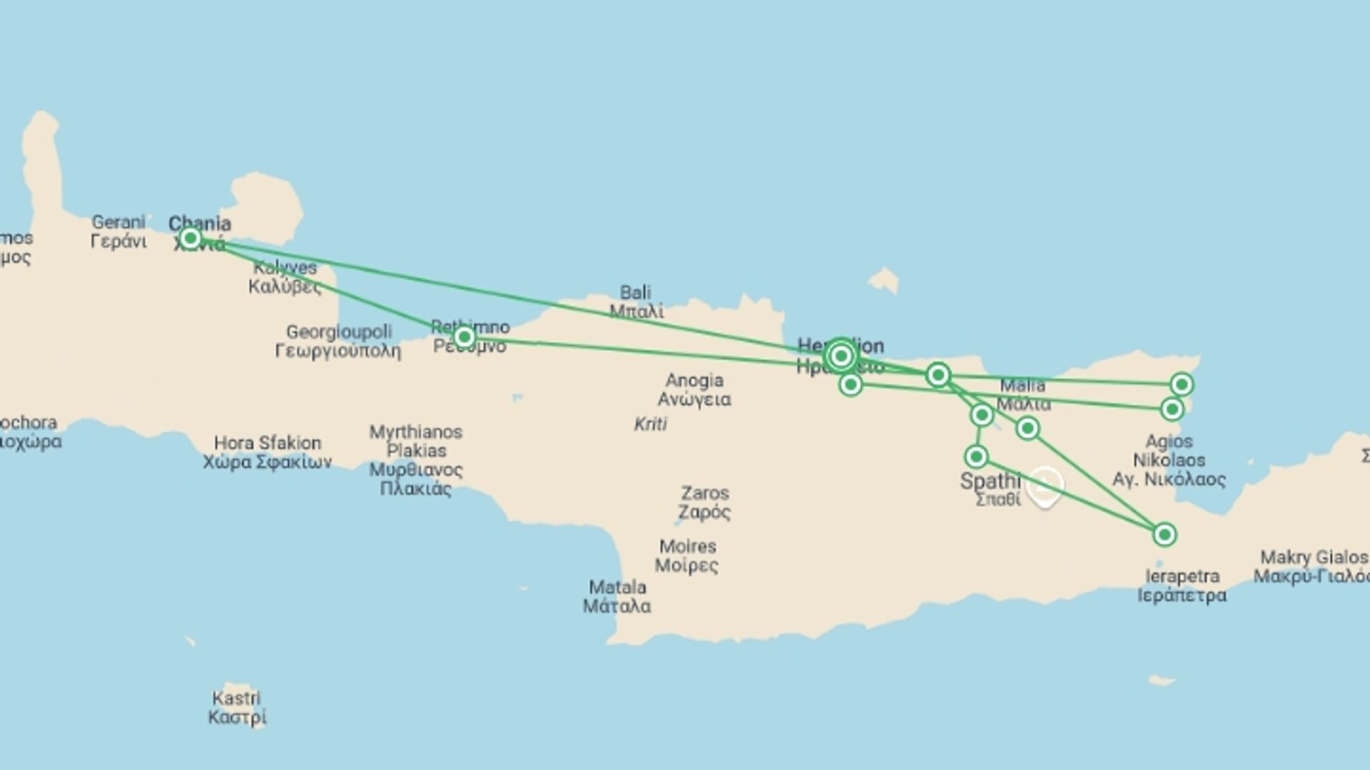 A map showing the tour itinerary for the trip: Exploring Crete, Private Tour, starting in Heraklion, Greece and ending in Heraklion, Greece going through 2 other destinations.
