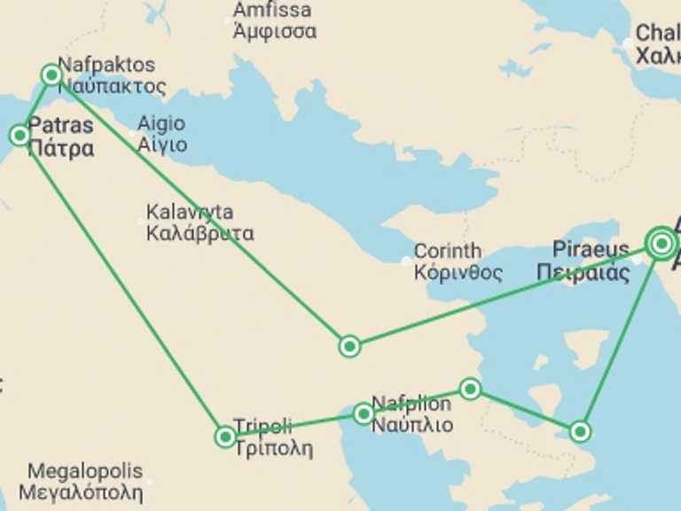 Map itinerary of Europe Tour in May 2026 with 3 destination visits for the trip: Peloponnese and Saronic Islands