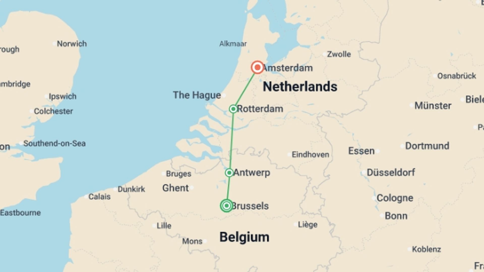 A map showing the tour itinerary for the trip: The Treasures of North - Through two extraordinary countries: Belgium and The Netherlands (port-to-port cruise), starting in Brussels, Belgium and ending in Amsterdam, Holland going through 2 other destinations.