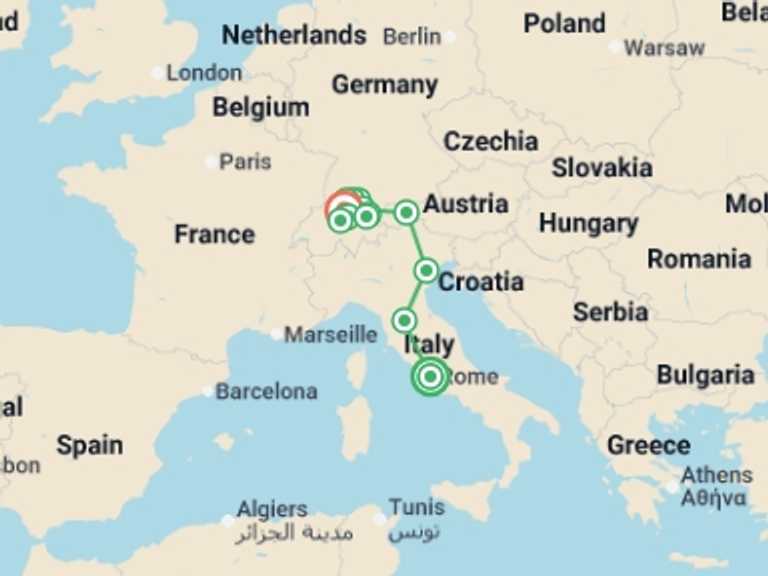 Map itinerary of Europe Tour in June 2026 with 6 destination visits for the trip: Italian and Swiss Panorama