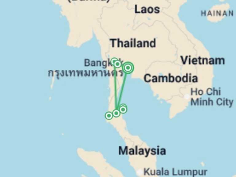 Map itinerary of Thailand Tour in March 2027 with 7 destination visits for the trip: Thailand Family Adventure