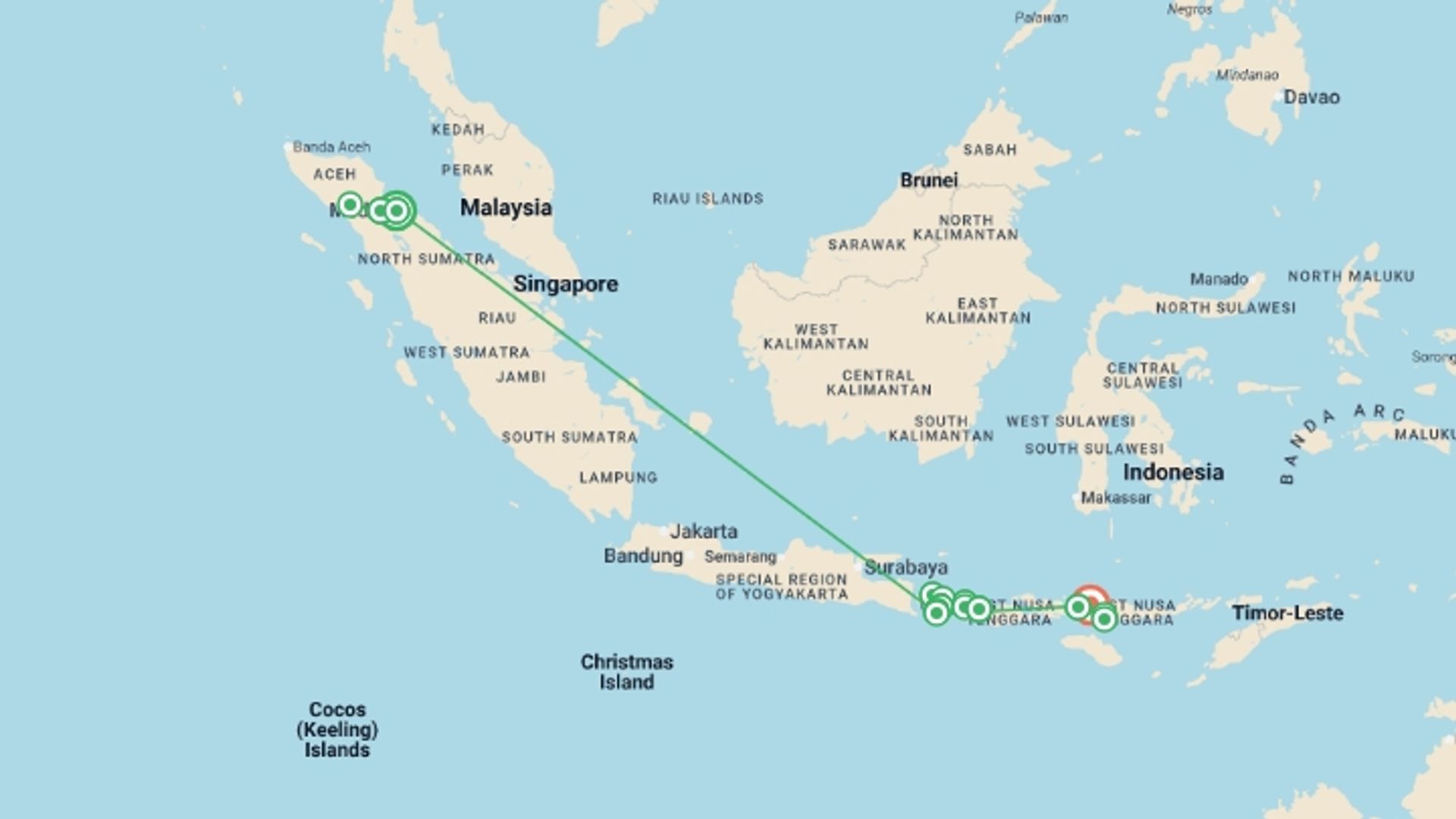 A map showing the tour itinerary for the trip: Epic Archipelago Adventure: Sumatra to Flores in 30 Days, starting in Medan, Indonesia and ending in Labuan Bajo, Indonesia going through 13 other destinations.