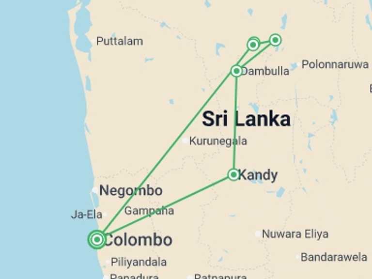 Map of Sri Lanka Tour with 4 destination visits for the trip: Sri Lanka Experience 5D/4N