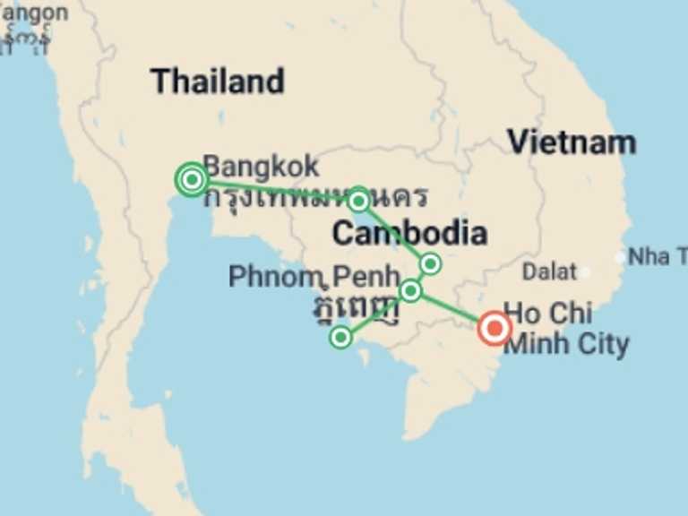 Map itinerary of Angkor Wat Tour in December 2025 with 7 destination visits for the trip: Cambodia Adventure