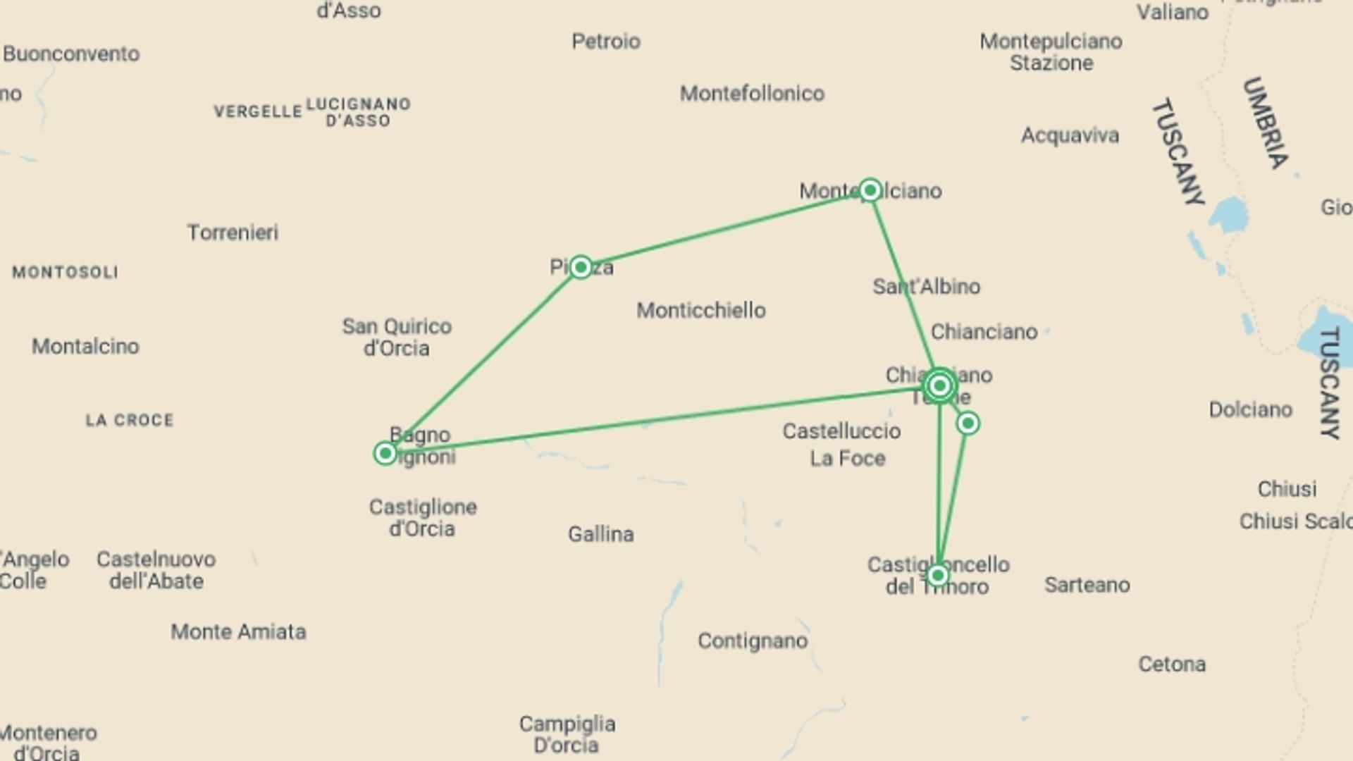 A map showing the tour itinerary for the trip: A Taste of Tuscany Self-Guided Walking, starting in Chianciano Terme, Italy and ending in Chianciano Terme, Italy going through 4 other destinations.