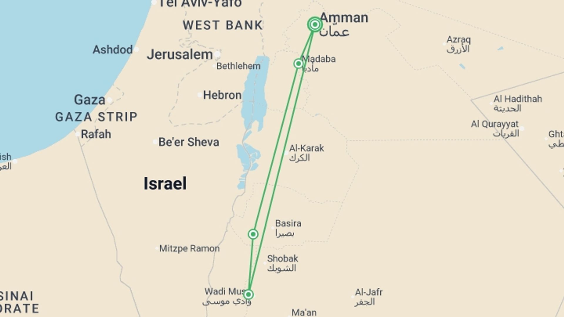 A map showing the tour itinerary for the trip: Trek Jordan - 7 days, starting in Amman, Jordan and ending in Amman, Jordan going through 3 other destinations.
