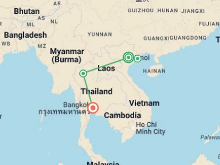 Map of 11-Day Indochina Tour with 4 destination visits for the trip: Vietnam & Thailand Refined Journey - 11 days
