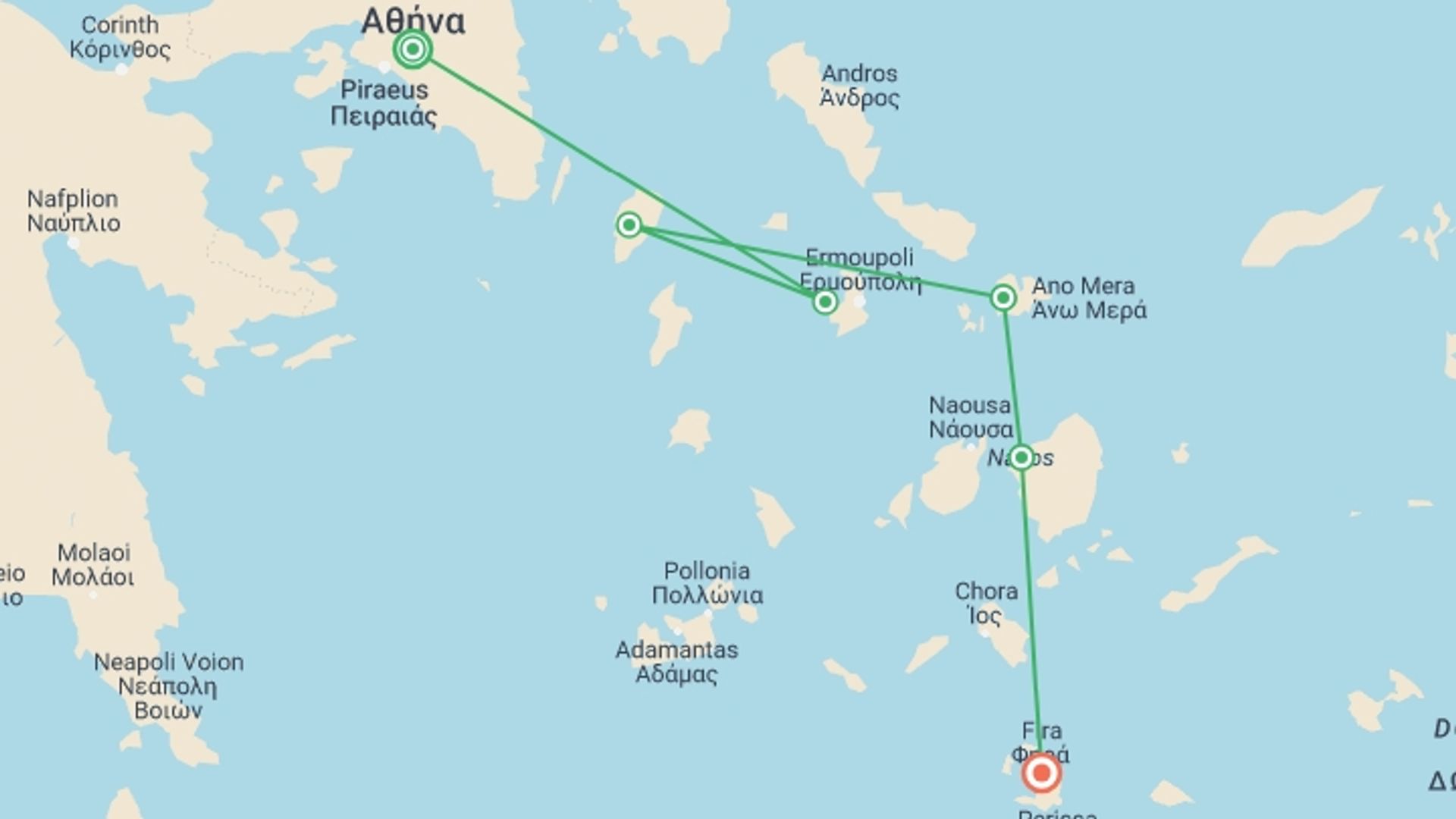 A map showing the tour itinerary for the trip: Sailing Greece - Athens to Santorini, starting in Athens, Greece and ending in Santorini, Greece going through 4 other destinations.