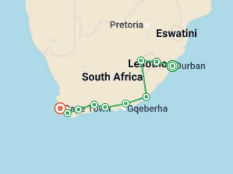 Map itinerary of Africa Tour in December 2026 with 11 destination visits for the trip: Garden Route Adventure