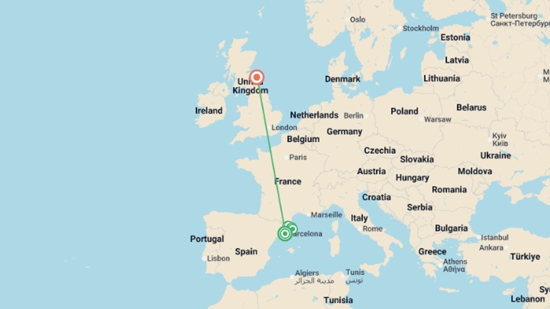 A map showing the tour itinerary for the trip: Cycling Girona and the Catalan Coast, starting in Barcelona, Spain and ending in Lindisfarne, England going through 4 other destinations.