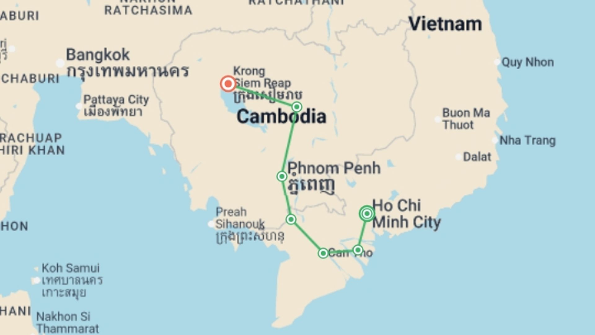 A map showing the tour itinerary for the trip: Biking Saigon to Angkor Wat, starting in Ho Chi Minh City, Vietnam and ending in Siem Reap, Cambodia going through 5 other destinations.