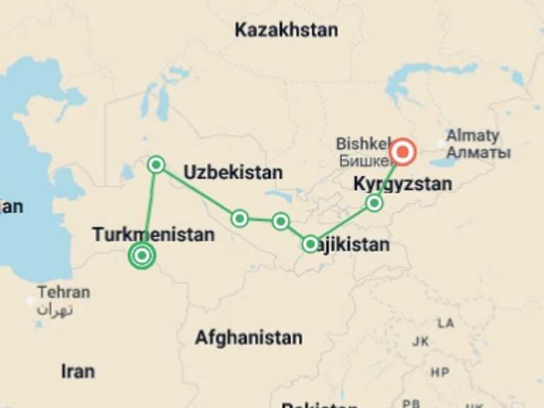 Map of Ashgabat Explorer Tour with 7 destination visits for the trip: Ashgabat To Bishkek (30 Days)