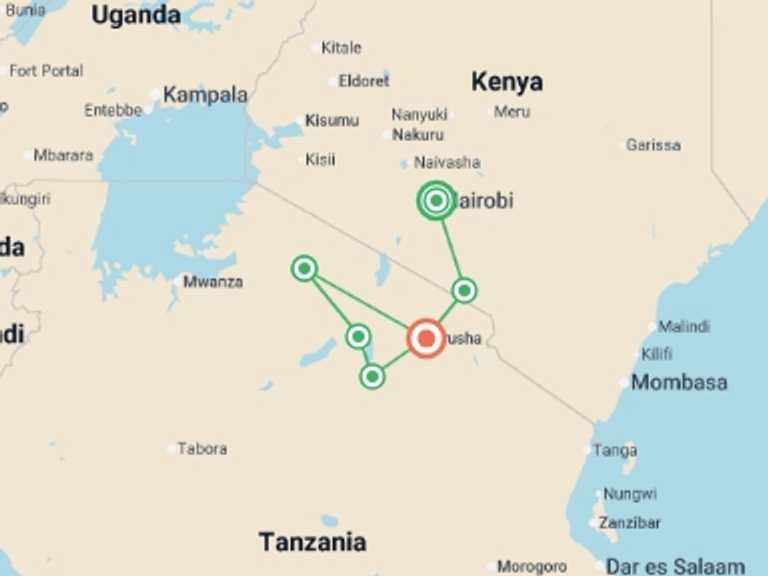 Map itinerary of Africa Tour in March 2027 with 6 destination visits for the trip: Kenya & Tanzania: Amboseli, The Serengeti & Ngorongoro Crater