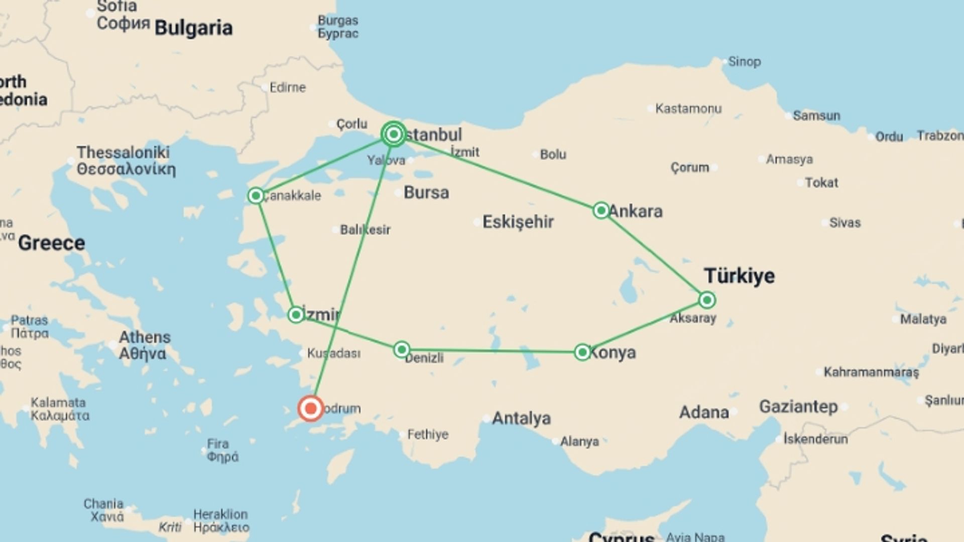A map showing the tour itinerary for the trip: Turkish Delight, starting in Istanbul, Turkey and ending in Bodrum, Turkey going through 6 other destinations.