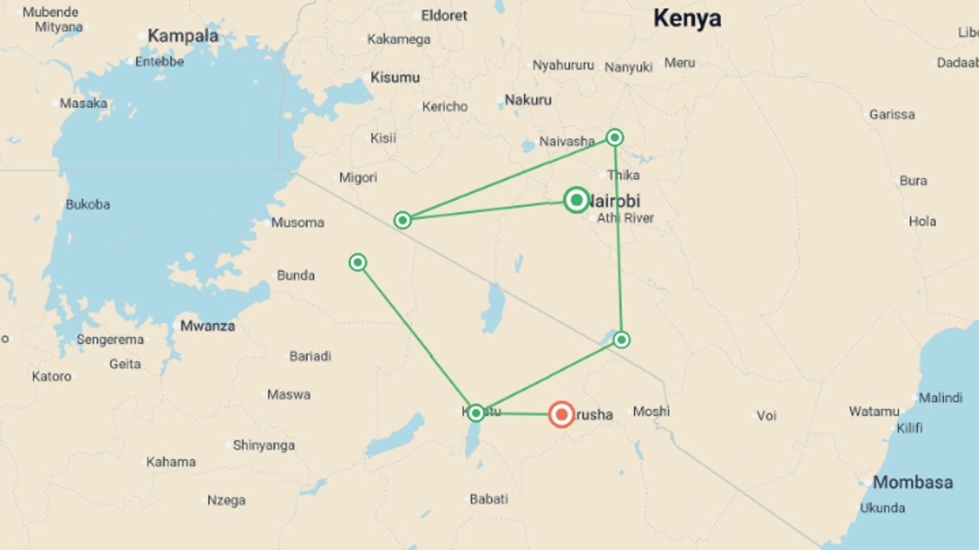A map showing the tour itinerary for the trip: Kenya and Tanzania Adventure, starting in Nairobi, Kenya and ending in Arusha, Tanzania going through 5 other destinations.