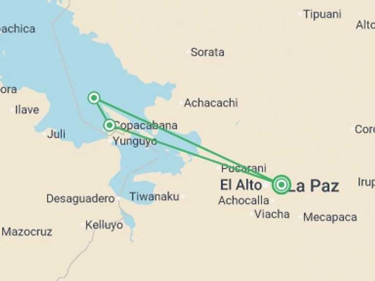 Map of La Paz Cultural, religious and historic sites Tour with 3 destination visits for the trip: Lake Titicaca & Isla del Sol Adventure 3D/2N (La Paz to La Paz)