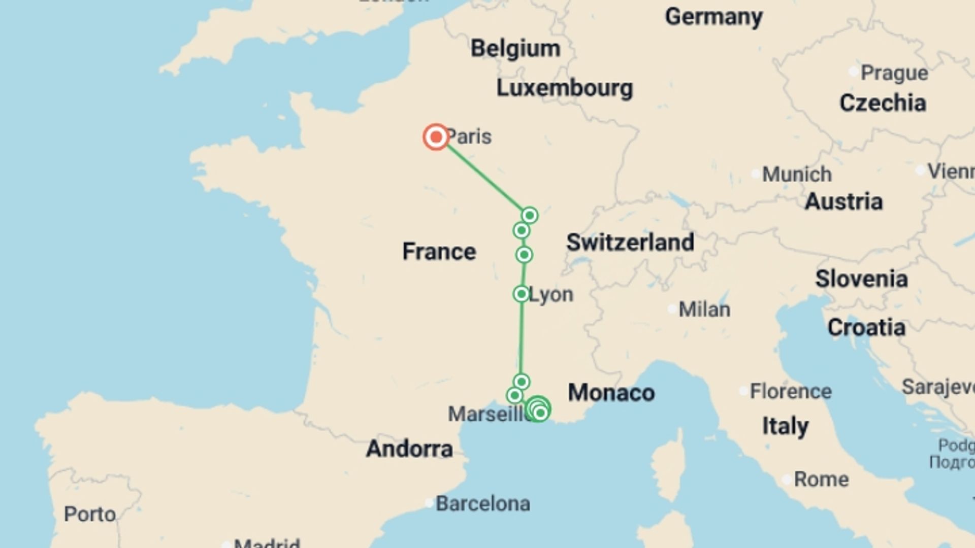 A map showing the tour itinerary for the trip: Crossing France, starting in Cote D'Azur, France and ending in Paris, France going through 4 other destinations.