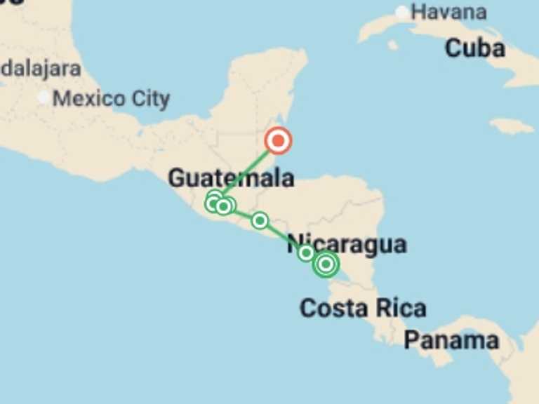 Map itinerary of South America Tour in Spring with 9 destination visits for the trip: Central America Uncovered - 19 days