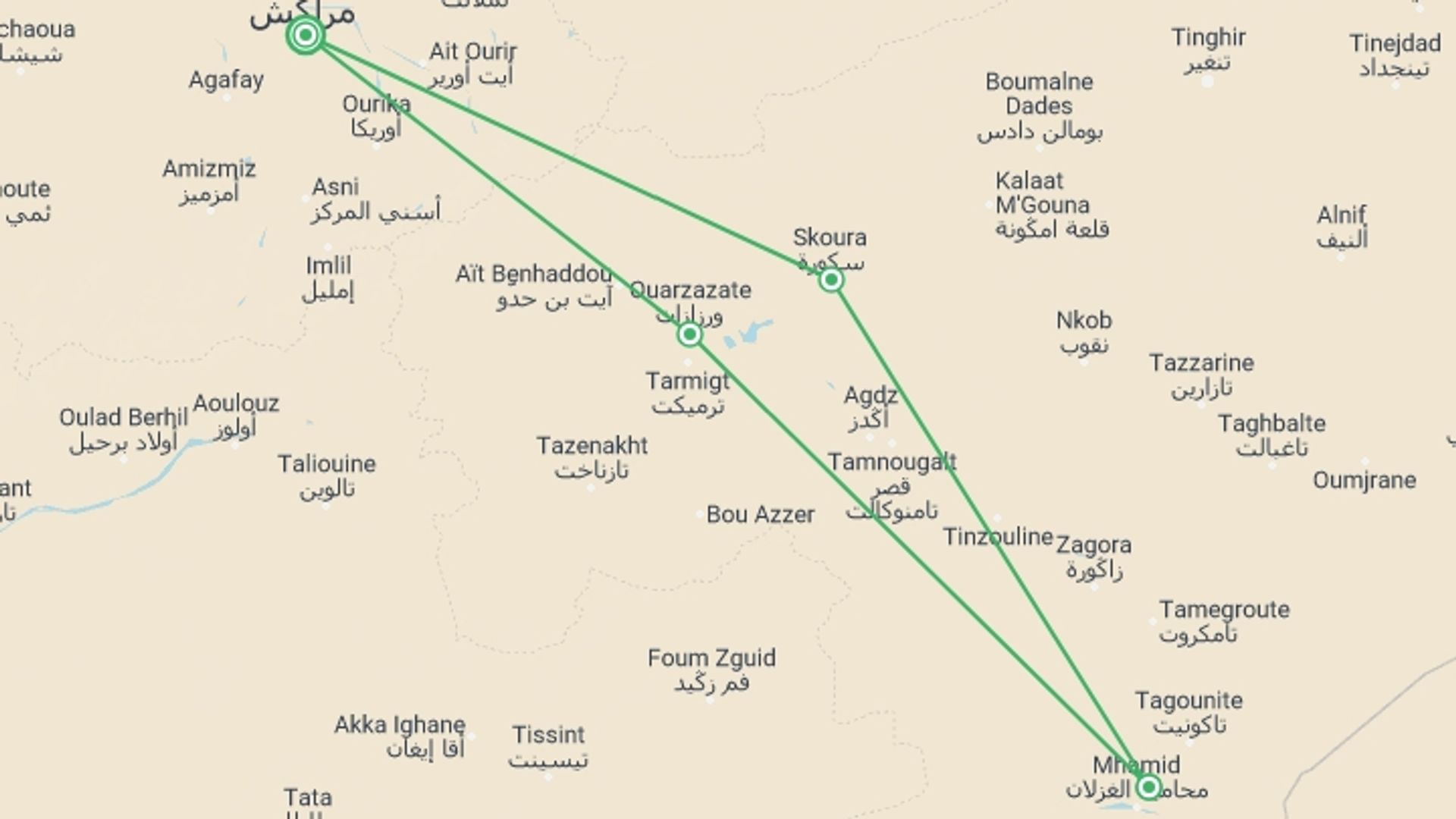 A map showing the tour itinerary for the trip: Moroccan Sahara Discovery, starting in Marrakech, Morocco and ending in Marrakech, Morocco going through 3 other destinations.