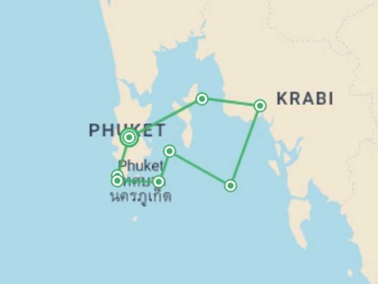 Map itinerary of Thailand Tour in November 2026 with 6 destination visits for the trip: Phuket Sailing Adventure