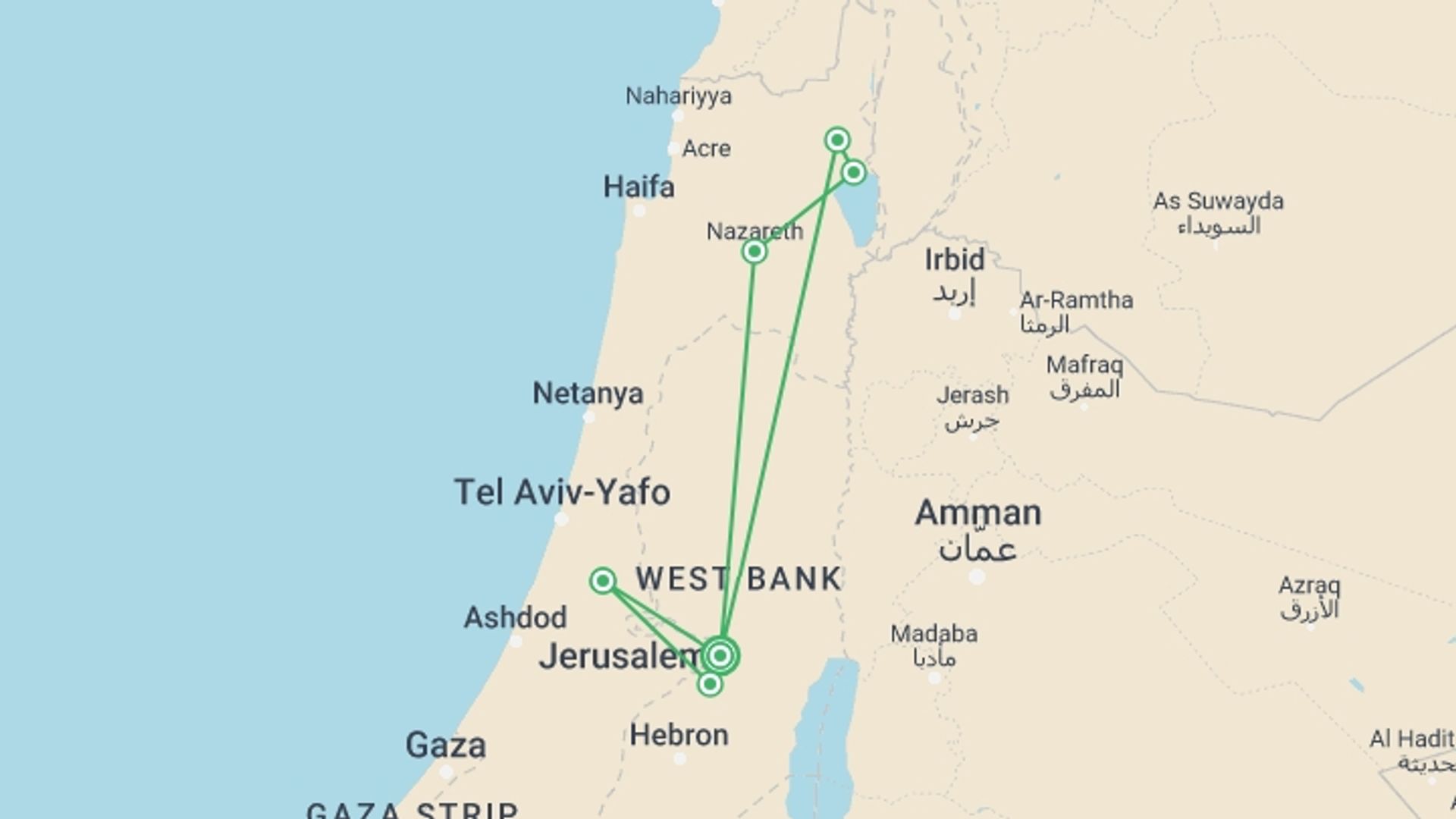 A map showing the tour itinerary for the trip: Christian Israel Tour Package, 4 Days From Tel Aviv, starting in Jerusalem, Israel and ending in Jerusalem, Israel going through 1 other destinations.