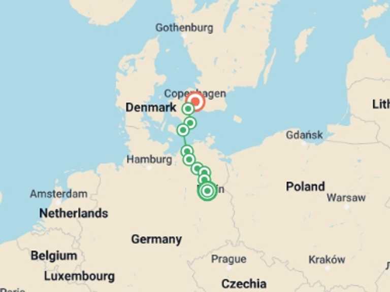 Map itinerary of Scandinavia Tour in Fall with 10 destination visits for the trip: Berlin to Copenhagen by Bike