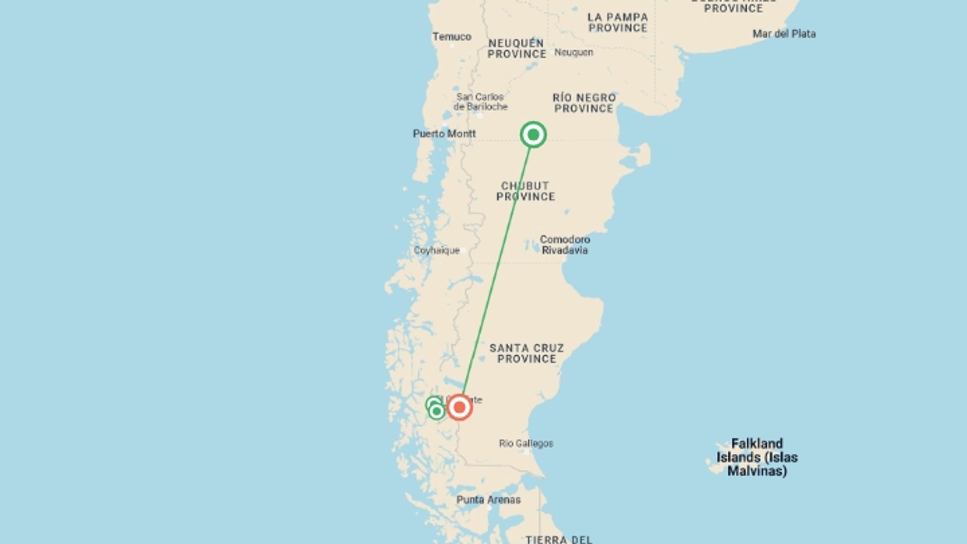 A map showing the tour itinerary for the trip: 5-Day El Calafate Adventure Tour, starting in Patagonia, Argentina and ending in El Calafate, Argentina going through 0 other destinations.