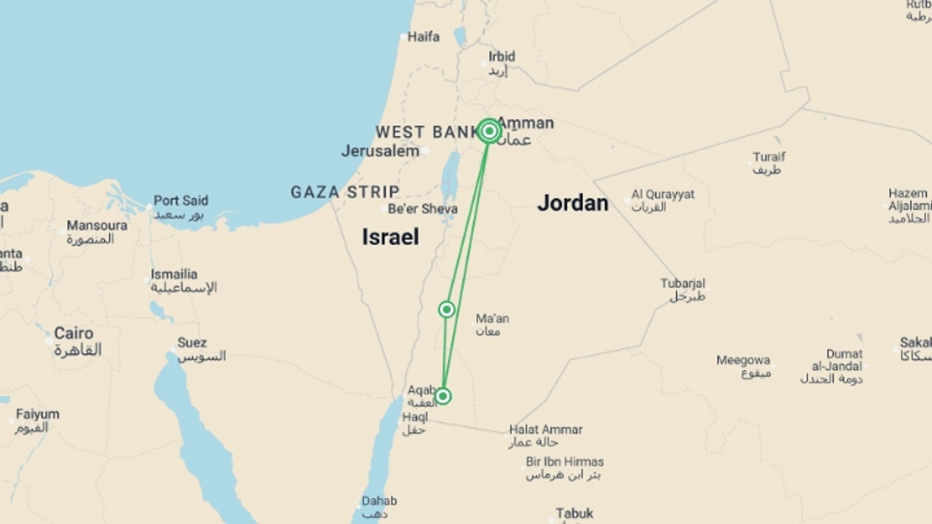 A map showing the tour itinerary for the trip: Petra & Wadi Rum Trek, starting in Amman, Jordan and ending in Amman, Jordan going through 2 other destinations.