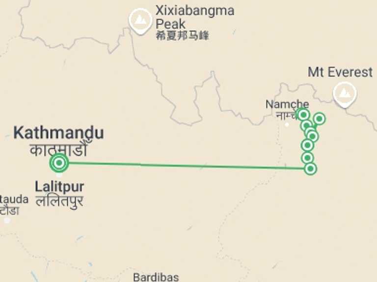 Map itinerary of Kathmandu Tour in October 2026 with 10 destination visits for the trip: Gokyo Valley Trek & Kathmandu City Tour (15 Days)