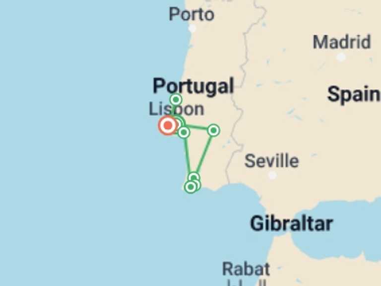 Map of Lisbon Cultural, religious and historic sites Tour with 2 destination visits for the trip: Sunny Portugal Lisbon, Alentejo, Algarve & Portuguese Riviera