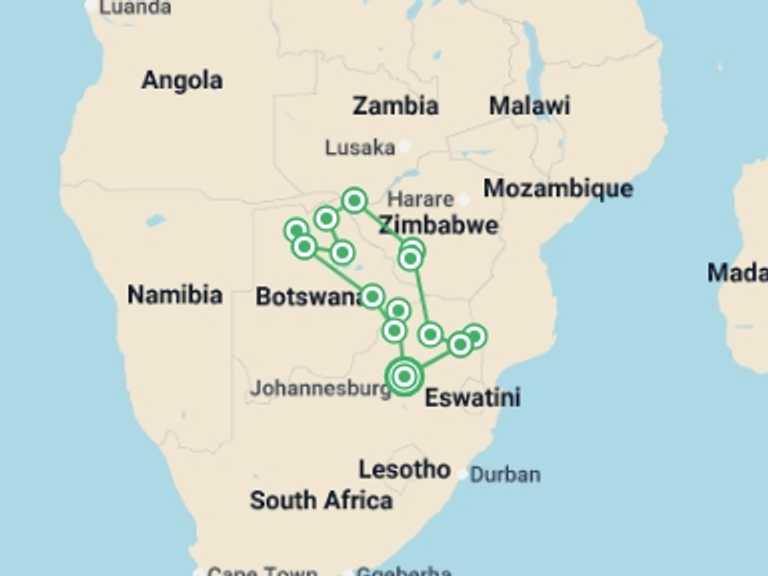 Map of Zimbabwe Wildlife Tour with 12 destination visits for the trip: 14-day Kruger to the Delta, Chobe  Victoria Falls Accommodated