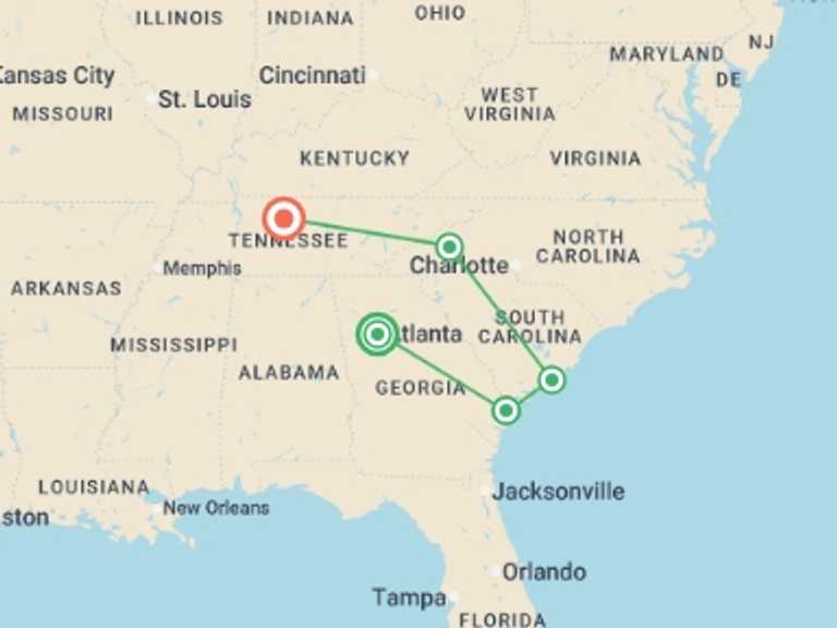 Map itinerary of USA Tour in Winter with 5 destination visits for the trip: Georgia History Trail to Nashville