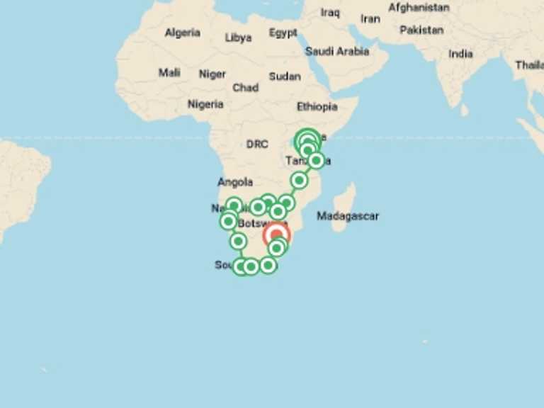 Map itinerary of Arusha Tour in August 2026 with 21 destination visits for the trip: Nairobi To Johannesburg (74 Days) Coast To Coast
