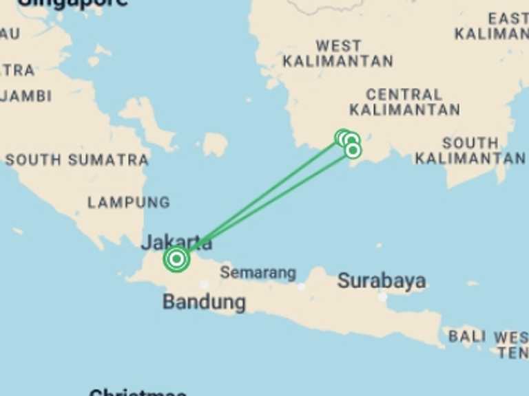 Map of Indonesia Tour with 5 destination visits for the trip: Indonesia: Borneo Orangutans of Tanjung Puting National Park
