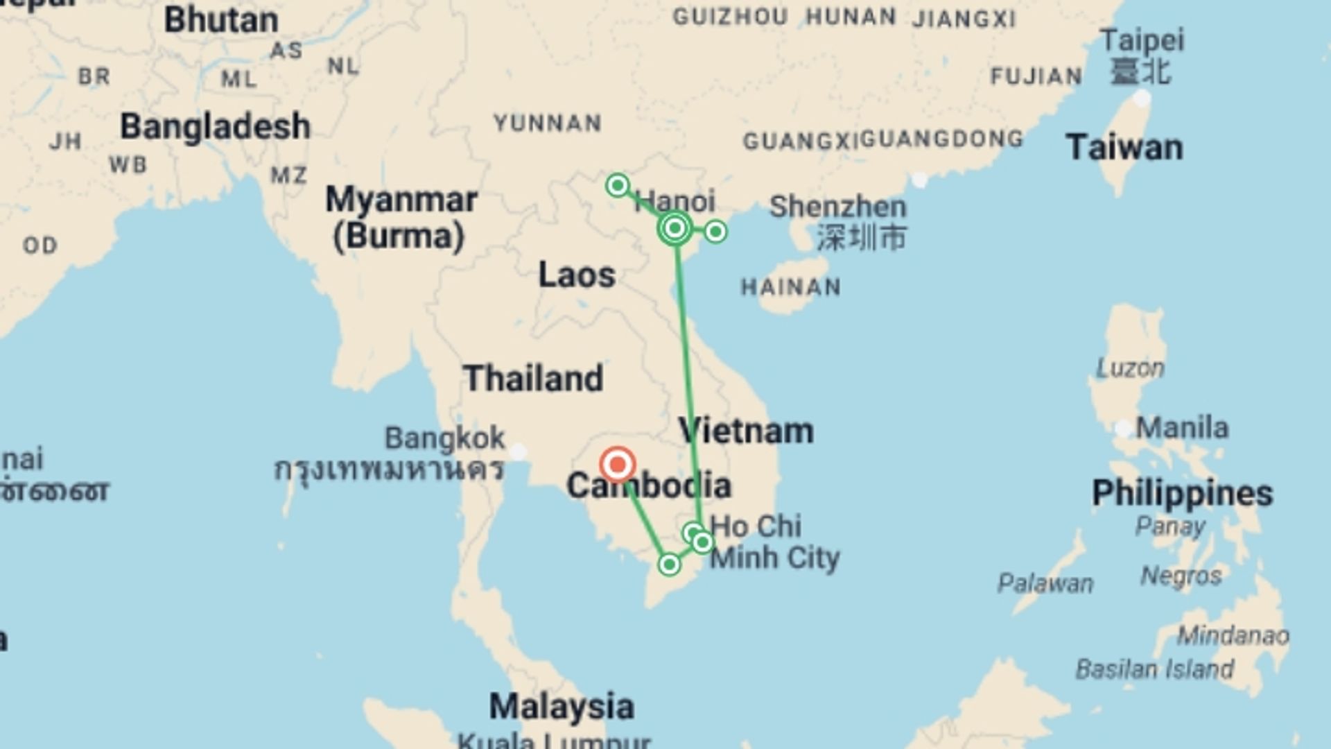 A map showing the tour itinerary for the trip: 12-Day Cross Vietnam and Siem Reap Tour From Hanoi, starting in Hanoi, Vietnam and ending in Siem Reap, Cambodia going through 5 other destinations.
